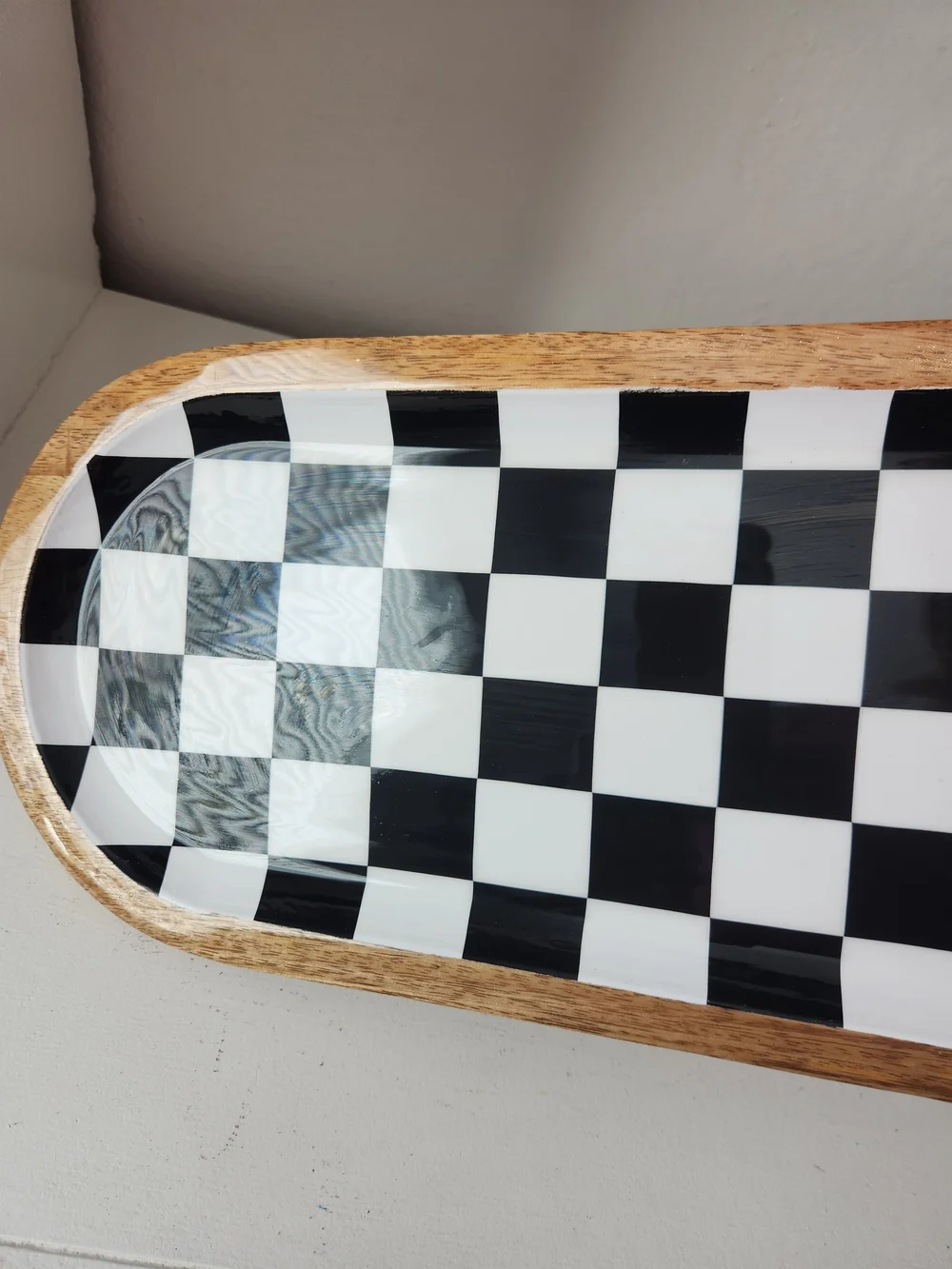 Checkerboard Oval Serving Tray Enamel On Wood With Wooden Risers 8in X 20in
